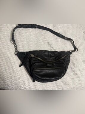 Free People Black Leather Studded Crossbody Belt Bag